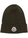 Moncler Dark Green Logo-patch Ribbed Beanie In Dark Green