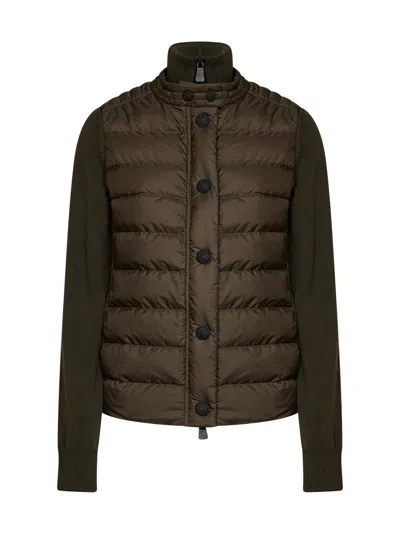 Moncler Dark Green Stretch Wool-blend Padded Cardigan In Brown