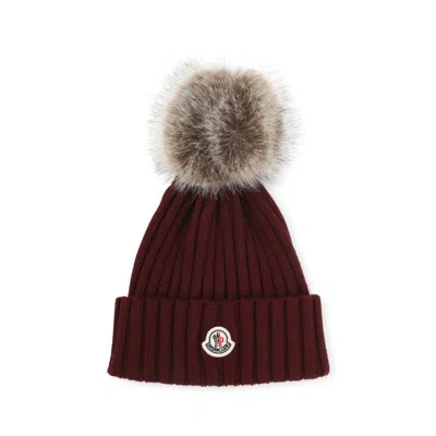 Moncler Dark Red Virgin Wool Hat In Black