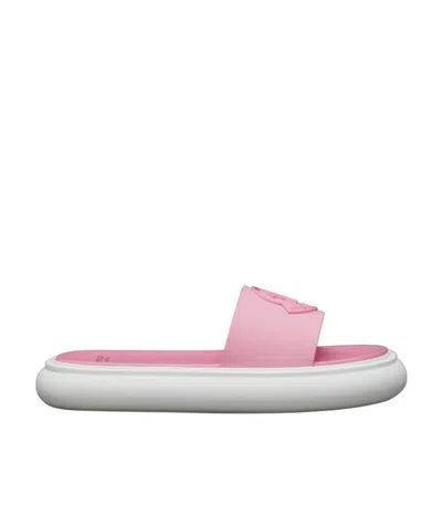 Moncler Debossed-logo Leather Slides In Pink