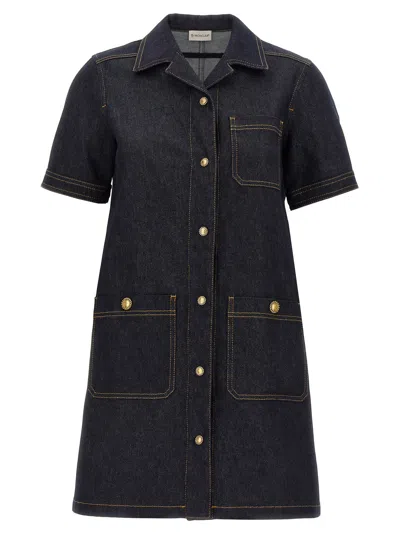 Moncler Short Sleeve Denim Dress With Front Pockets In Blue