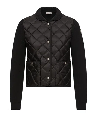 Moncler Diamond Quilted Padded Wool Cardigan In Black