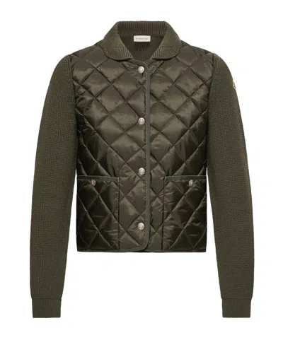 Moncler Diamond Quilted Padded Wool Cardigan In Green