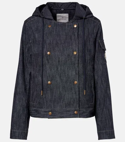 Moncler Hooded Denim Jacket Long Sleeves Buttons In Blue