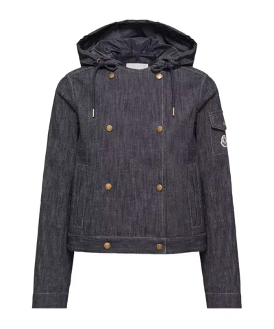 Moncler Diervilla Hooded Double-breasted Denim Jacket In Black