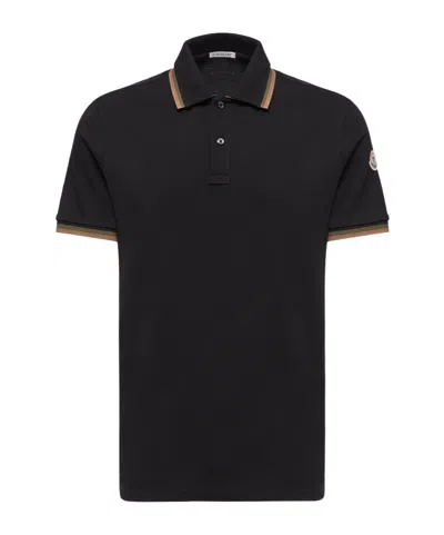 Moncler Double Collar Cotton Piquet Polo Shirt In Black