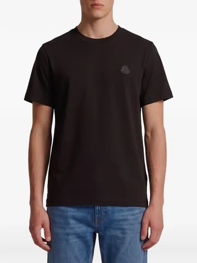 Moncler Double Leather Logo Cotton T-shirt In Brown