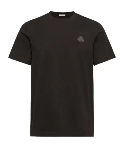 Moncler Double Leather Logo Cotton T-shirt In Brown