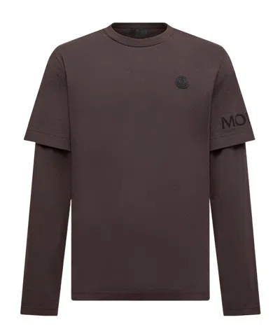 Moncler Double Sleeve Cotton T-shirt In Brown