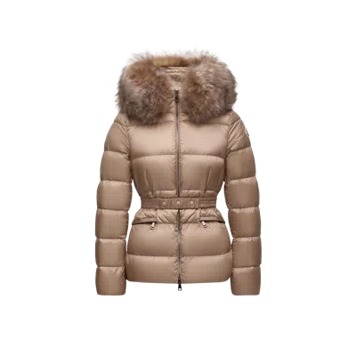 Moncler Boed Hooded Shearling-trimmed Short Down Jacket Beige