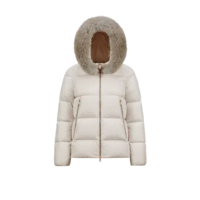 Moncler Laichefur Hooded Shearling-trimmed Short Down Jacket White