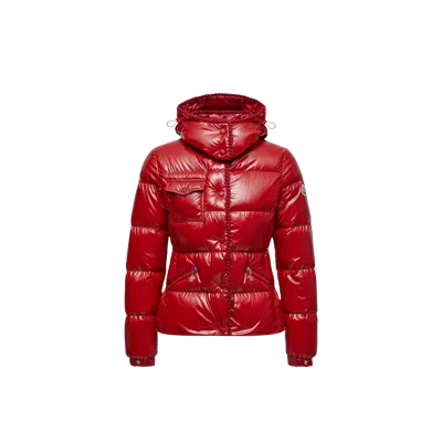 MONCLER GLAREINS BRAIDED TRIM HOODED SHORT DOWN JACKET, WOMEN, RED, SIZE: 0