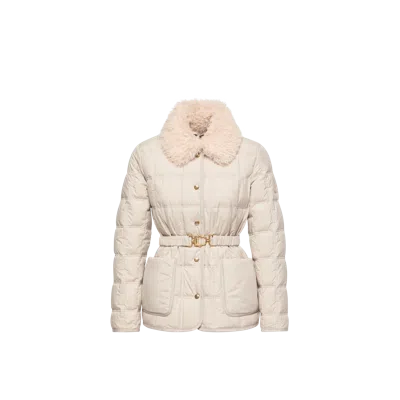 Moncler Cygnes Belted Short Down Jacket, Women, Beige, Size: 5 In Neutral