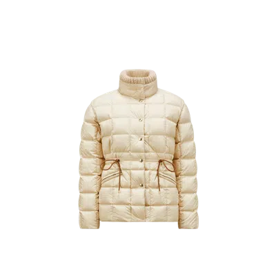 Moncler Antigone Leather-trimmed Short Down Jacket Beige In Neutral