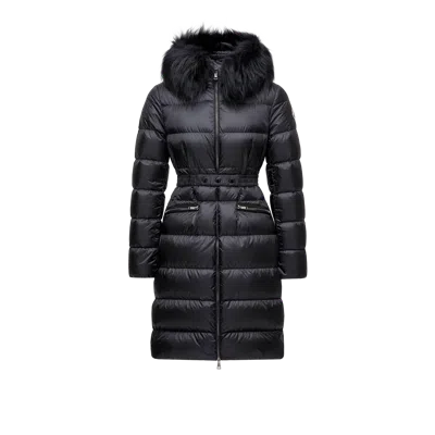 MONCLER BOEDIC HOODED SHEARLING-TRIMMED LONG DOWN JACKET, WOMEN, BLACK, SIZE: 6