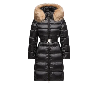 Moncler Doudoune Longue À Capuche Et Bordure En Shearling Leersies, Femme, Noir, Taille: 0