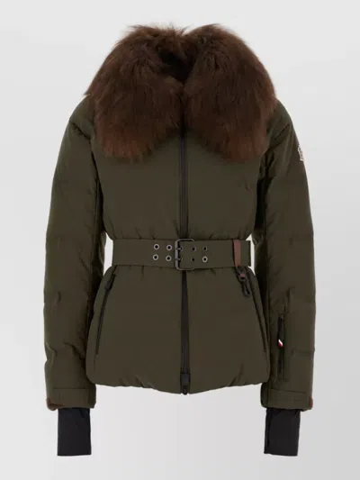 Moncler Down Belted Shearling Trim Ski Parka In Green