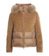 Moncler Marne Mixed Media Down Jacket With Removable Genuine Goat Hair Trim Hood In Brown