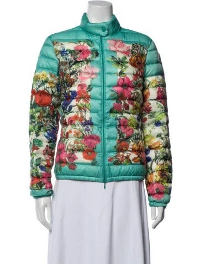 Pre-owned Moncler Down Floral Print Down Jacket In Green