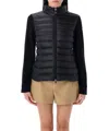 Moncler Black Quilted Cardigan With High Neck And Logo Patch On The Sleeve In Wool And Tech Fabric B In Black