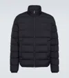 Moncler Quilted Down Jacket With High Collar And Logo Patch In Navy Blue