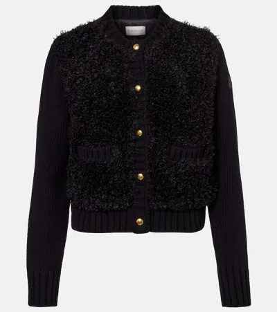 Moncler Down-paneled Wool And Teddy Cardigan In Black