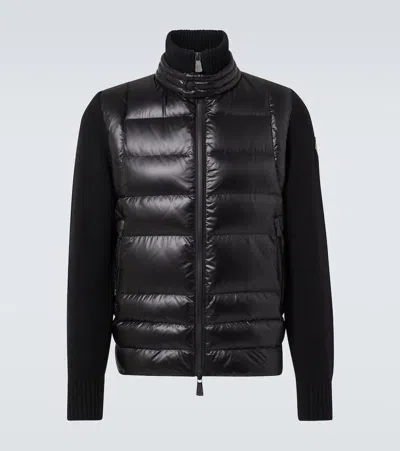 Moncler Down-paneled Zip-up Wool Cardigan In Black