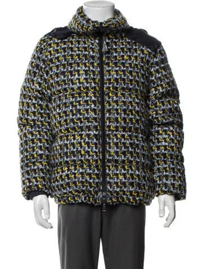 Pre-owned Moncler Down Tweed Pattern Puffer Coat In Blue