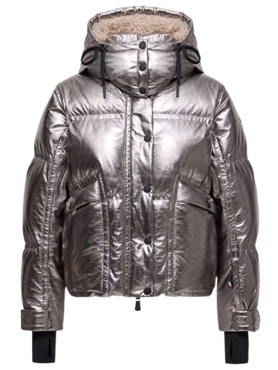 Moncler Calaque Metallic Hooded Down Ski Jacket In Silver