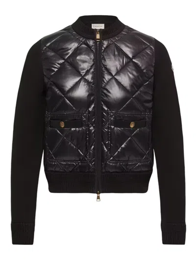 Moncler Down-filled Lacquered Nylon Front Zip-up Sweater With Snap Pockets, Gauge 14 In Nero
