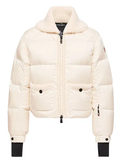 Moncler Down-filled Ski Coat With Wool Collar, Powder Skirt & T-shirt Wrist Gaiters In Neutral