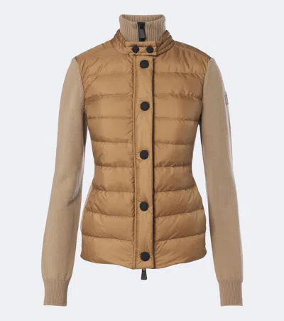 Moncler Quilted-down Panelled Cardigan In Brown