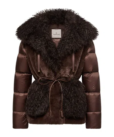 Moncler Drawstring Faux Fur Puffer Coat In Brown