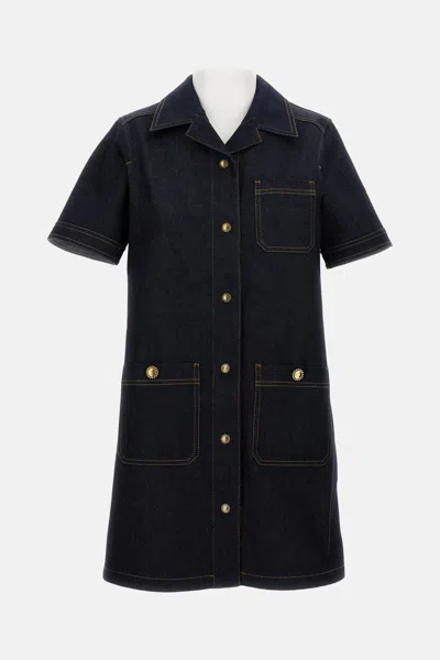 Moncler Short Sleeve Denim Dress With Front Pockets In Blue