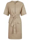 Moncler Beige Midi Dress With Logo Patch On The Sleeve And Belt In Cotton Blend Woman