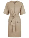 Moncler Beige Midi Dress With Logo Patch On The Sleeve And Belt In Cotton Blend Woman