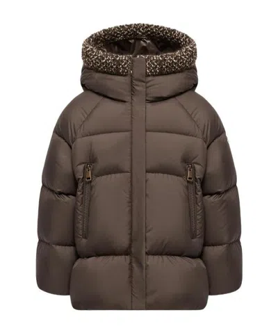 Moncler Duilla Hooded Wool Blend Trim Down Jacket In Brown