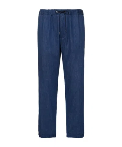 Moncler Cotton Blend Denim Jogging Pants In Blue