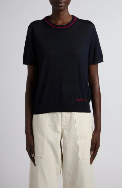 Moncler Embellished Virgin Wool Sweater In Blue