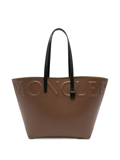 Moncler Embossed-logo Leather Tote Bag In Pink