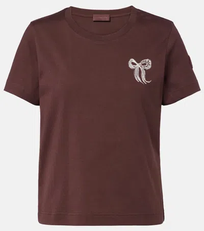 Moncler Embroidered Cotton Jersey T-shirt In Brown
