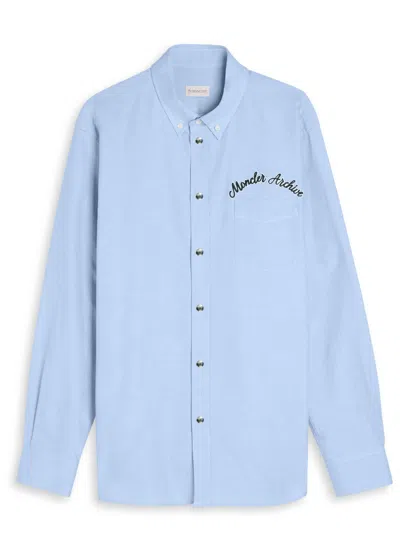 Moncler Embroidered Cotton Oxford Shirt In Blue