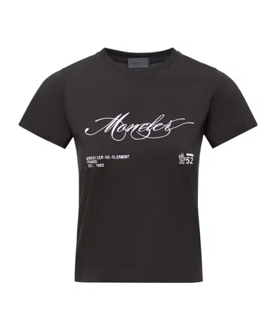 Moncler Embroidered Cursive Logo Cotton T-shirt In Black