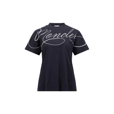 MONCLER EMBROIDERED CURSIVE LOGO COTTON T-SHIRT, WOMEN, BLUE, SIZE: M
