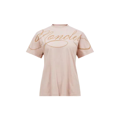 MONCLER EMBROIDERED CURSIVE LOGO COTTON T-SHIRT, WOMEN, PINK, SIZE: S