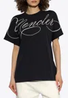 Moncler Embroidered Cursive Logo T-shirt In Navy