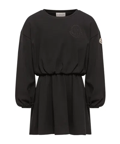 Moncler Embroidered Flowers Long Sleeve Cotton Dress In Black