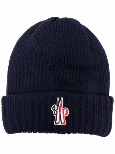 Moncler Blue Wool Hat With Logo Patch