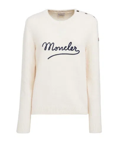 Moncler Embroidered Logo Cotton Blend Sweater In Neutral