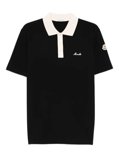 Moncler Embroidered Logo Cotton Pique Polo Shirt Clothing In Black